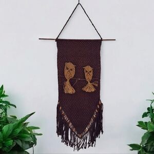 Vintage handmade macrame wall art with owls bohemian decor fiber art wool